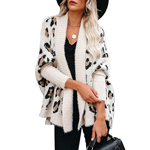 EXLURA Women's Cardigans with Pockets Oversized Loose Leopard Printed Open Front Knitted Kimono Long Sleeve Sweater