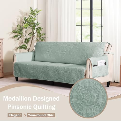 Image of Soft Sage Quilted Couch Cover with Pockets for Extra-Large Sofa, Anti-Slip Sofa Covers Washable for 3 Cushion, Pet Friendly Oversized Sofa Cover Water-Repellent (X-Large Sofa 78 inch, Sage Blue)