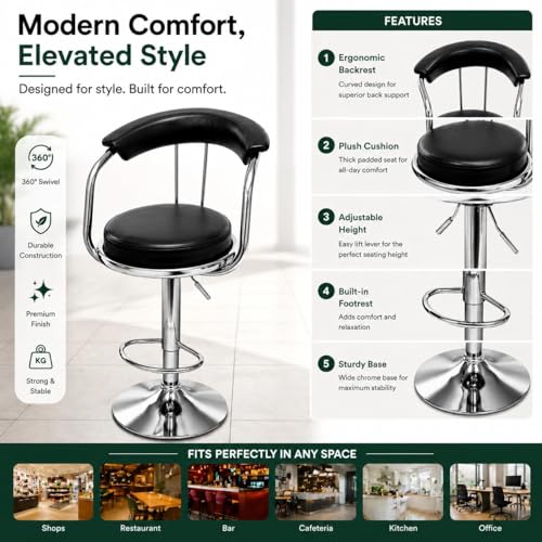 Image of Kemon Modern Adjustable Swivel Bar Stool Chair with Backrest, PU Leather Hydraulic Counter Stool with Footrest for Kitchen Island, Cafe & Home Bar (1, Black, Round Barrel Stool)