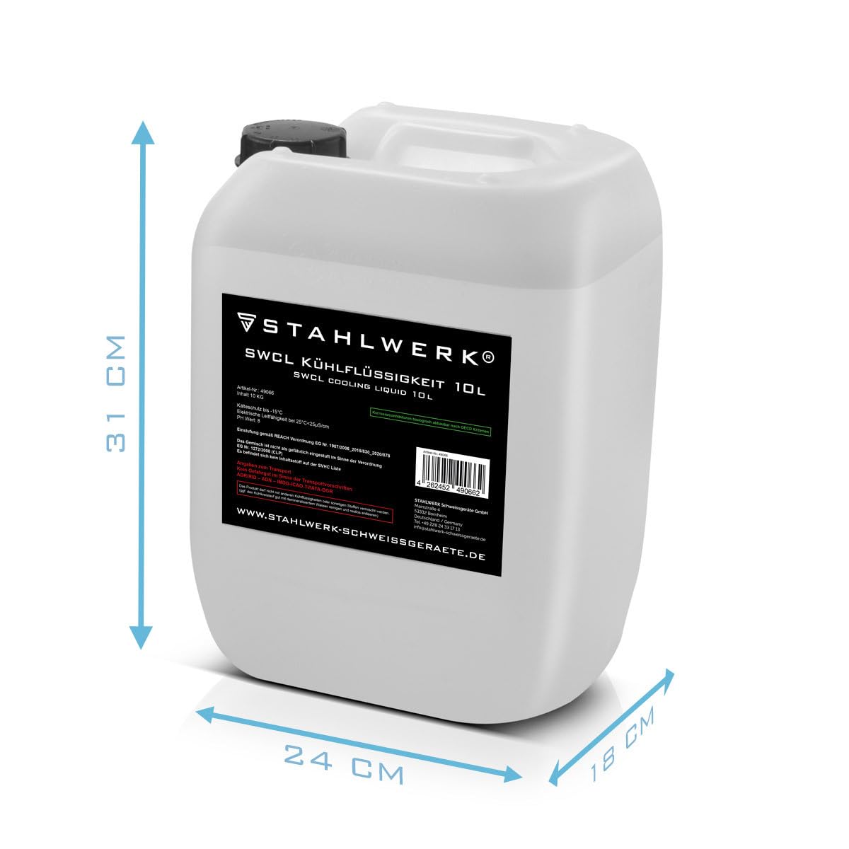 STAHLWERK SWCL Kühlflüssigkeit 10 l Kanister, Kühlmittel 25 µS/cm bis -15°C | Kühlwasser für Wasserkühler und wassergekühlte Schlauchpakete von Schweißgeräten und Plasmaschneidern zur Wasserkühlung