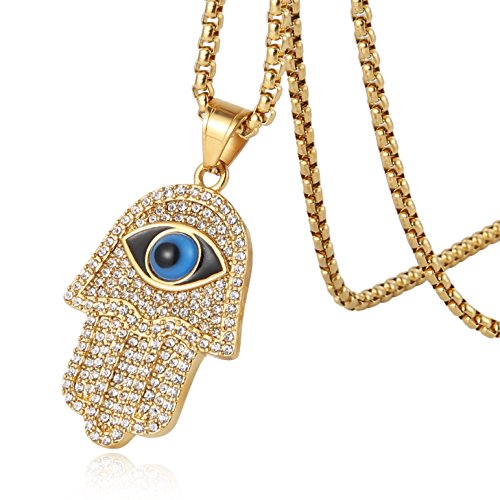 HZMAN 18k Gold Plated Iced Out CZ Stainless Steel Blue Evil Eye Beads Fatima Hamsa Hand Pendant Necklace2
