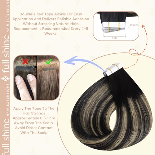 Image of Full Shine Tape Ins Human Hair Extensions, Off Black Honey Blonde 18 Inch | 50g 20PCS, Invisible Brazilian Hair Extensions Tape in, Straight Ombre Seamless Natural Finish Thick End Party Styling