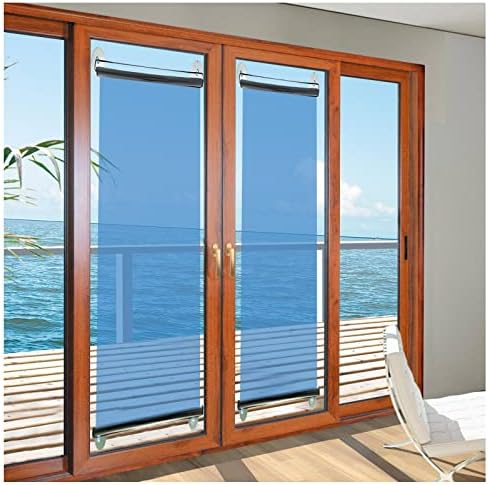 Paquete de 2 persianas enrollables azules unidireccionales para puerta de vidrio, control de calor, persianas de bloqueo solar con ventosas, sin