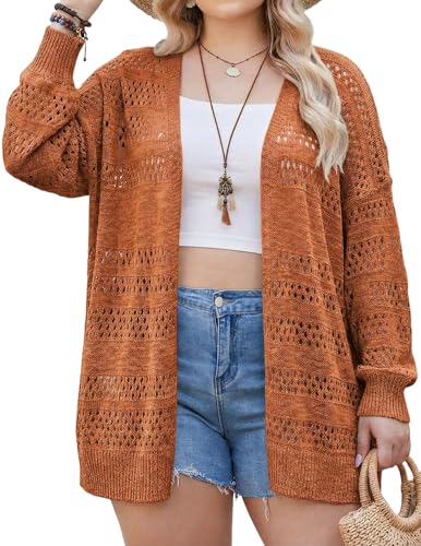 Image of IN'VOLAND Womens Plus Size Crochet Cardigan Lightweight Long Sleeve Open Front Oversized Boho Sweaters Kimonos
