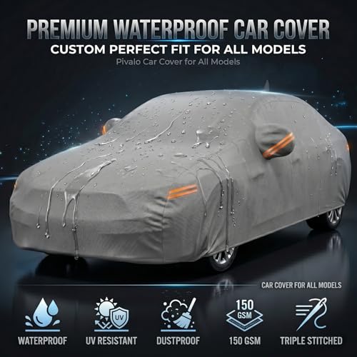 Image of Pivalo Car Cover for Maruti Suzuki Swift All Model & Years with Mirror Pocket 100% Waterproof Triple Stitched Bottom Elastic Dust, Heat & UV Resistant Full Body Protection (Grey with Highlighter)