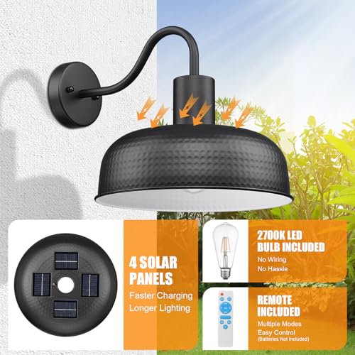 Image of Darkaway Solar Barn Light, Industrial Outdoor Wall Light Dusk to Dawn Wall Sconce Gooseneck Exterior Wall Mount Lighting Fixture with Hammered Dome Metal Shade for House Garage Porch Shed Hallway