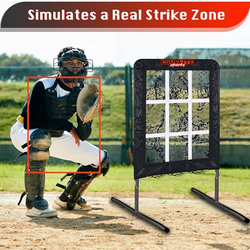 Image of 9 Hole Pitching Net with Strike Zone, Baseball Softball Pitching Target - Adjustable Height Portable Indoor Outdoor Training Equipment for Pitchers of All Levels, Coaches, and Players