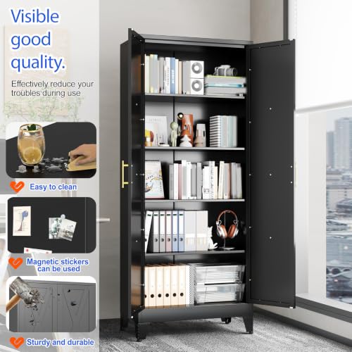 Image of GAIOUS 71 inch Tall Kitchen Pantry Cabinet,Metal Storage Cabinet Black Cupboard | Steel Office Cabinet, Freestanding Bookcase with 2 Doors and 4 Adjustable Shelves, Bathroom Kitchen Home Garage Tool Cabinet