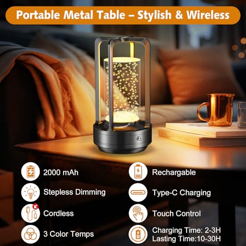 Image of Portable Table Lamp for Outdoor Indoor: Cordless Rechargeable Desk Lamp with 3 Color Stepless Dimmable - Metal Battery Operated Lantern Light for Bedroom /Bar /Coffee Shop /Camping (Black (Bubble))