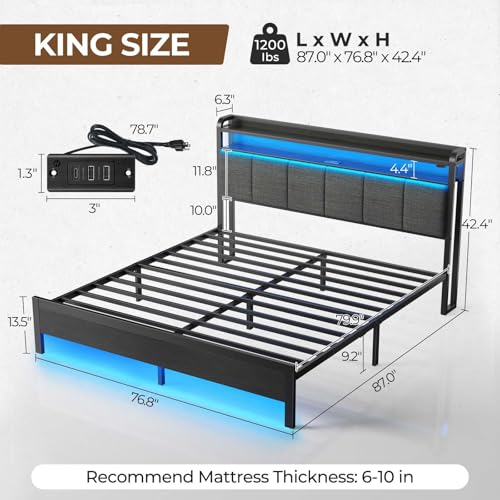 Image of Rolanstar Bed Frame King Size with Charging Station and LED Lights, Upholstered Headboard with Storage Shelves, Heavy Duty Metal Slats, No Box Spring Need, Noise Free, Easy Assembly, Grey