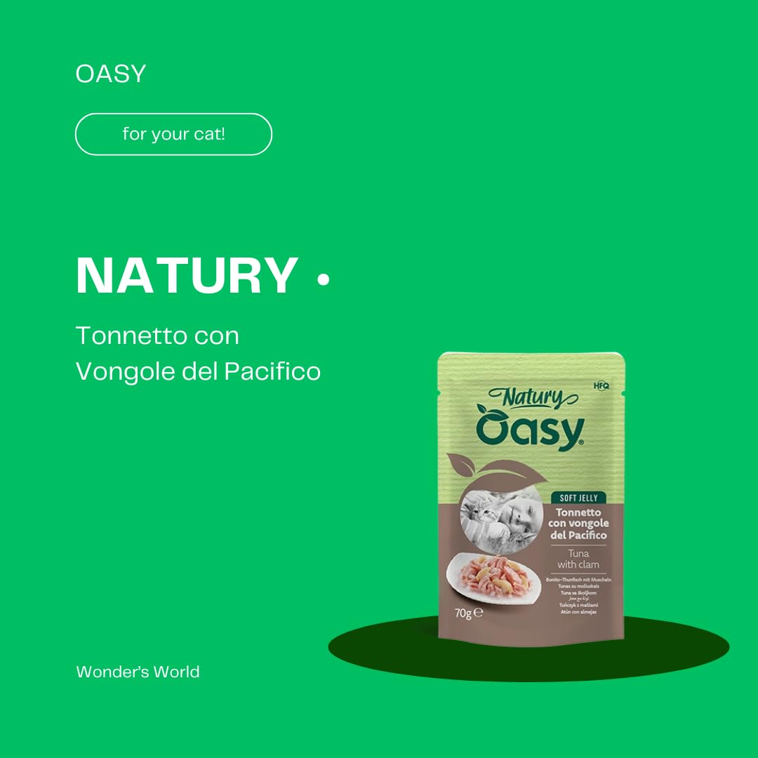 OASY Gato Natury • Atún con almejas del Pacífico | Alimento húmedo complementario para gatos adultos, producto sin colorantes añadidos, en gelatina, 12 sobres de 70 gramos cada una.