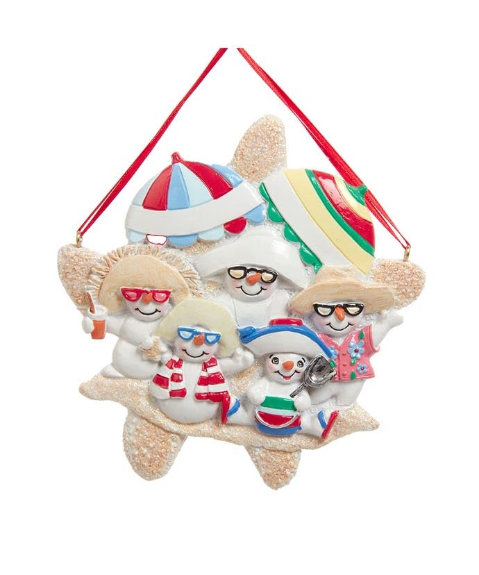 Famille de 5 bonshommes de neige à la plage figurine personnalisable en résine