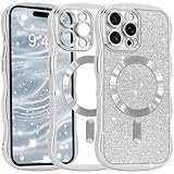 ROSEHUI Funda para iPhone 16 Pro Max, marco ondulado transparente y rizado, tarjeta galvanizada con purpurina [compatible con MagSafe], cubierta magnética de silicona brillante TPU a prueba de golpes