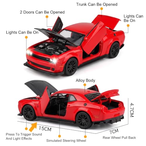 Image of 1:32 Scale Dodge Challenger Hellcat Die-Cast Metal Car Toy with Light & Sound, Pull-Back Action & Openable Doors