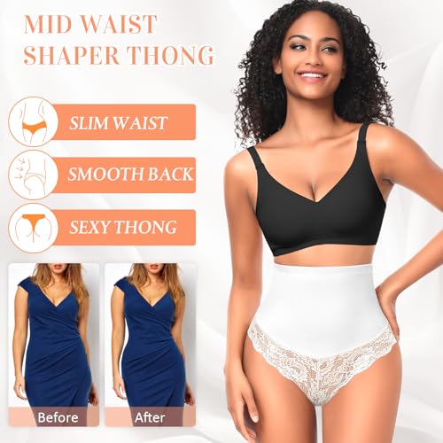 Image of Werena Tummy Control Thong Shapewear for Women Mid High Waisted Body Shaper Underwear Lace Shaping Thong Girdle Panties