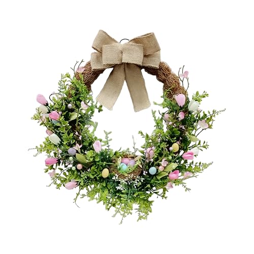 Ashland 20' Natural Bow, Speckled Egg & Pastel Tulip Wreath with Nest, Spring Easter Floral for Home Decor
