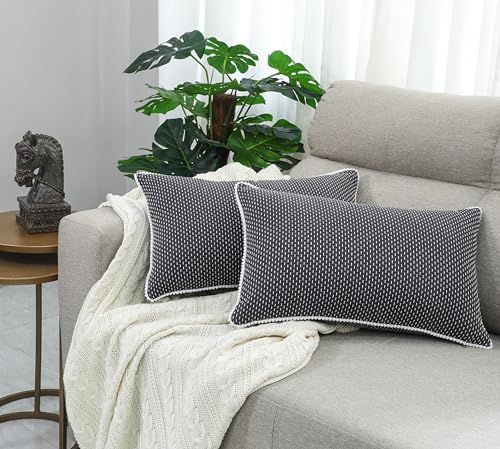 Image of mosey Rectangle Cushion Covers 12x18 | Set of 2 | 100% Cotton | Lumbar Cushion Covers | Retangular Cushion Covers 12 inch x 18 inch Grey