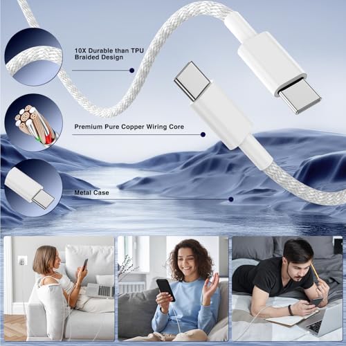 Image of 65W Super Fast Charger Type C for Samsung,3 Port 100W Quick Charging 3.0 USB C Block & 3 /6 /10 /10FT Braided Type C Cord for Samsung Galaxy S26 Ultra /S26 /S25 Ultra /iPhone 17 Pro /MacBook Pro /Air-White