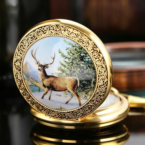 Image of Deer Pocket Watch for Men Pocket Watches with Chain Gift for Father's Day | Vintage Deer Case Pocket Watch Mens Quartz Watches with Chains Christmas Graduation Birthday Gifts Fathers Day
