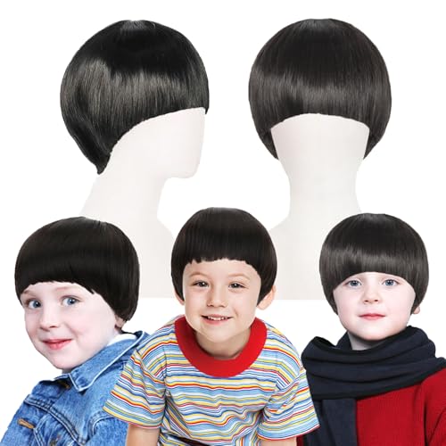 FOUNSHO Bowl Cut Wig For Kids Costume Child Funny Wig Short Black Full Bang Straight Mushroom 60s 70s 80s Bob Nerd Hairs for Boys Girls Daily Halloween Fancy Dress Party World Book Day Cosplay (Black)
