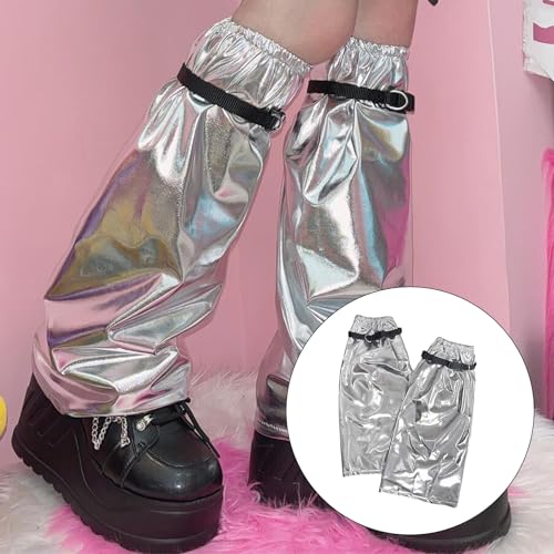 Leg Warmers for Women Half Sleeve Foot Leg Warm Harajuku Flared Leg Warmer For Women Punk Metallic Silver Leg Garters Buckled Strap Leg Cover Long Socks3