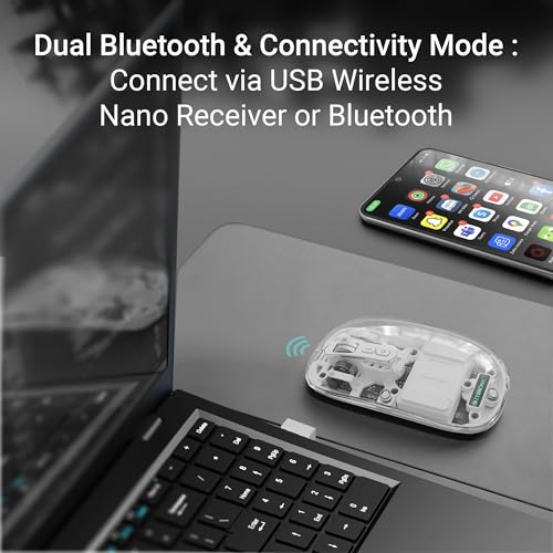 Image of ZEBRONICS Sheer Rechargeable Wireless Mouse, Dual Mode (2.4GHz + BT), Dual Bluetooth, Silent Operation, Transparent Body, RGB, Battery Indicator, for Mac | Laptop | Computer (White)
