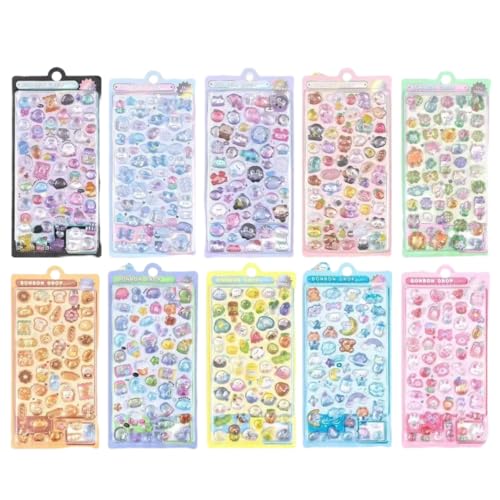 GJTERRTE シール 可愛い10枚(500粒入り)ぷっくり立体 かわいい ごほうび 大容量 可愛い ごほうび キラキララメ 手帳DIY用 スマホケースデコ 女の子 子供向け 剥がしやすい