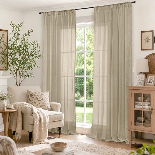 Image of BGment Camel Linen Sheer Curtains 84 Inches Long for Living Room 2 Panels | Light Filtering Textured Drapes with Rod Pocket Lightweight Window Treatments for Farmhouse Bedroom, 52 X 84 Inch