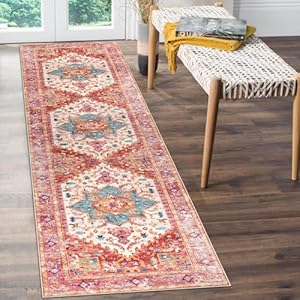 Yamaziot Washable Runner Rug, 2×8 Non-Slip Boho Vintage Hallway Rug Runner with Rubber Backing, Stain Resistant & Low Pile Faux Wool Distressed Carpet Runner for Bedroom, Kitchen, Laundry, Entrance