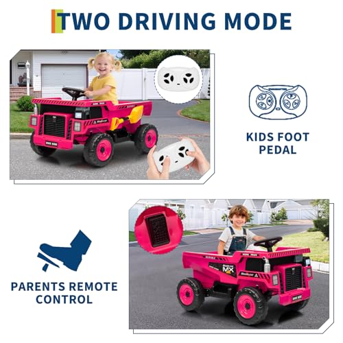 Garvee 12V Ride On Dump Truck for Kids, Ride On Car with Remote Control, Construction Vehicles with Dump Bed & Shovel, Ride-On Toys 16.5 in Spacious Seat, Music, Headlights, Soft Start, Pink — view 3