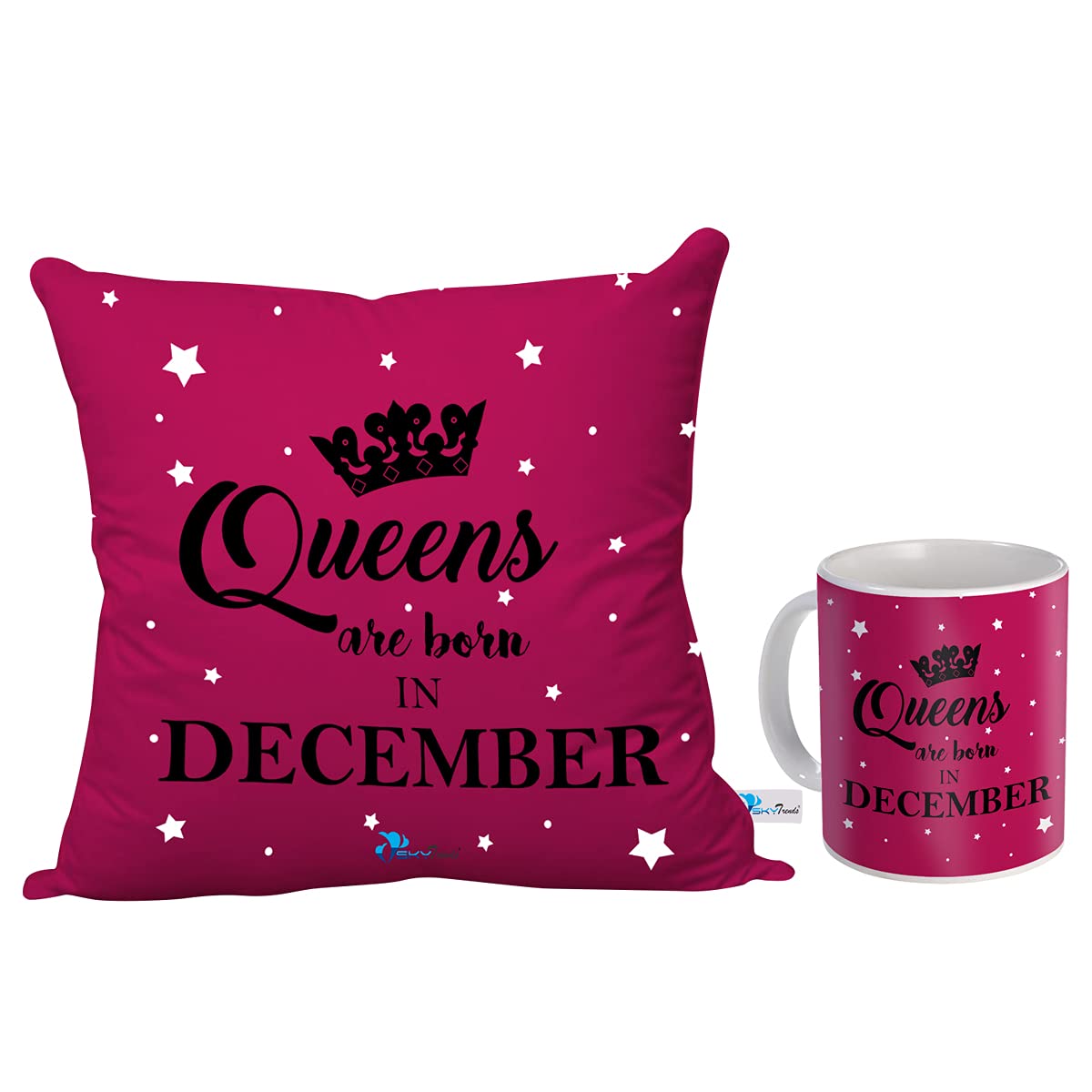 Sky Trends Queens are Born in December Printed Birthday Gift Combo (Coffee Mug 350 ml & Cushion 12x12 Inch) December Born Gifts/December Birthday Gift for Girls/Girlfriend/Sister-48