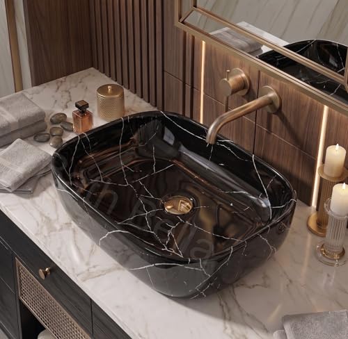 Image of Designer Ceramic Wash Basin For Bathroom | Over Counter Bathroom Basin | Counter Top Bathroom Sink | Wash Basin For Restaurant, Hotel (18 x13 x 5 Inch) (Black White Stripe)