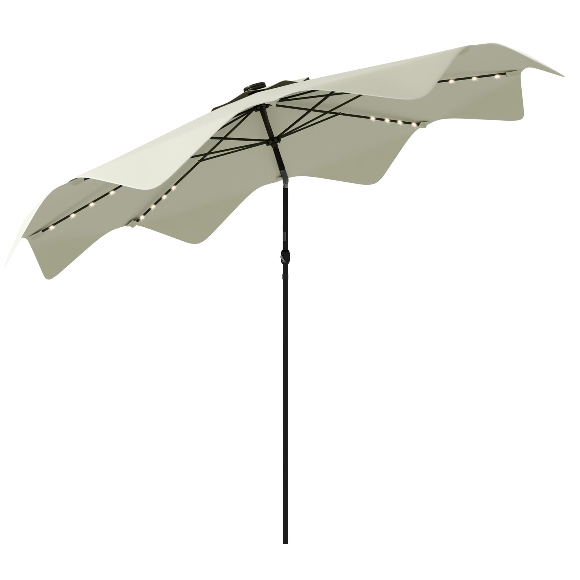Outsunny Sombrilla de Jardín Ø292x248 cm Parasol de Terraza Manual con 32 Luces LED Solares 8 Varillas Ángulo Ajustable Impermeable y Rejillas de Ventilación para Patio Balcón