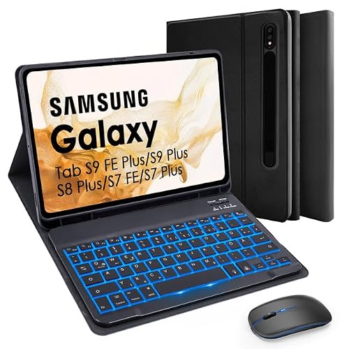 SOPPY Tastaturhülle mit Maus für 12,4'' Samsung Galaxy Tab S10+/S9 FE+/S9 Plus/S8+/S7+/S7 FE, Hülle mit Tastatur & Maus Kabellose Bluetooth Tastatur Schutzhülle -Deutsches QWERTZ, Schwarz Beleuchtet