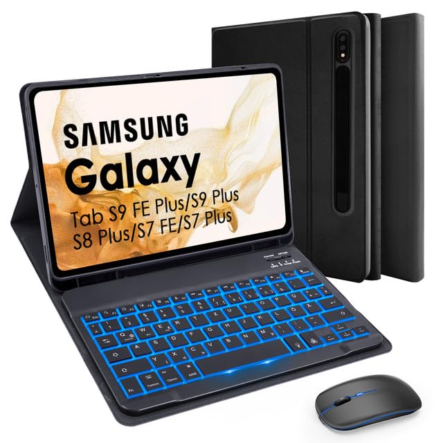 SOPPY Tastaturhülle mit Maus für 12,4'' Samsung Galaxy Tab S10+/S9 FE+/S9 Plus/S8+/S7+/S7 FE, Hülle mit Tastatur & Maus Kabellose Bluetooth Tastatur Schutzhülle -Deutsches QWERTZ, Schwarz Beleuchtet