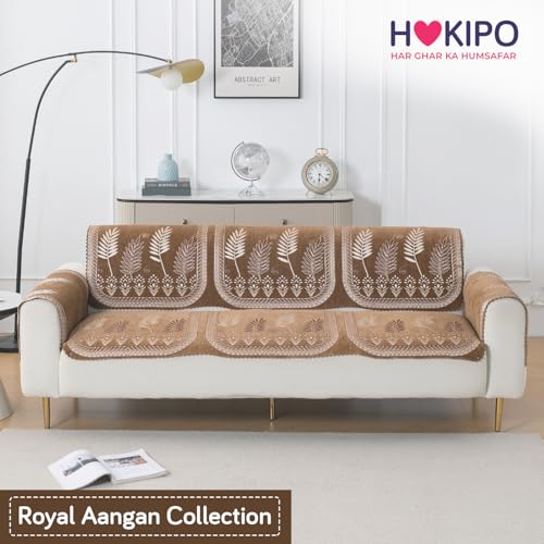 Image of HOKIPO Bagh Brown Premium Chenille Jacquard Sofa Cover for 3 Seater for Seat & Back, 'Royal Aangan Series' (IN-1008-L6*2)