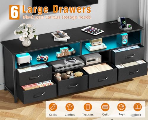 Image of Furologee TV Stand for 65 70 Inch TVs, 63 Inch Entertainment Center with Power Outlets and LED Lights, Media Console with 6 Fabric Drawers, PU Leather Surface for Living Room, Bedroom