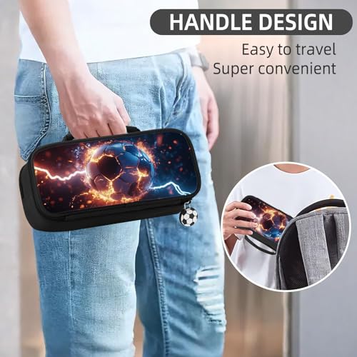 Image of Soccer Pencil Case for Boys - Large Pencil Pouch for Boys with Zipper Compartments & Handle - Big Capacity Pen Organizer Box Bag for Kids Teens School Supplies