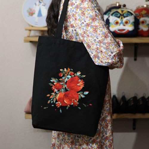 Image of Canvas Tote Bag Embroidery Kit, Embroidery Kits for Beginners, Arts and DIY Crafts Embroidery Starter kit, Include Stamped Embroidery Bag, Threads, Embroidery Tools (Beige Bag with Pomegranate)