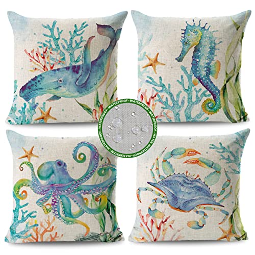 Jojogogo NEWJG-FSOCEAN1818-4 Summer Pillow Covers 18X18 Set Of 4 Outdoor Coastal Nautical Waterproof Throw Pillows 18 X 18 Beach Pillows Beach Theme Room Decor Aesthetic cover