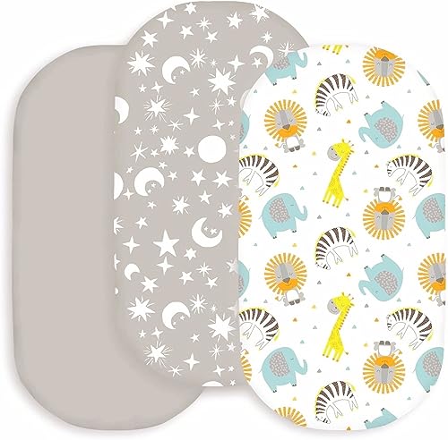 Image of bimocosy Bassinet Sheet, 3 Pack Bassinet Sheets for Baby Boys Girls, Soft Baby Bassinet Fitted Sheets Neutral for Standard Bassinet Mattress, Size 32 x 16 x 4 Inches, Stars/Woodland Animals/Grey