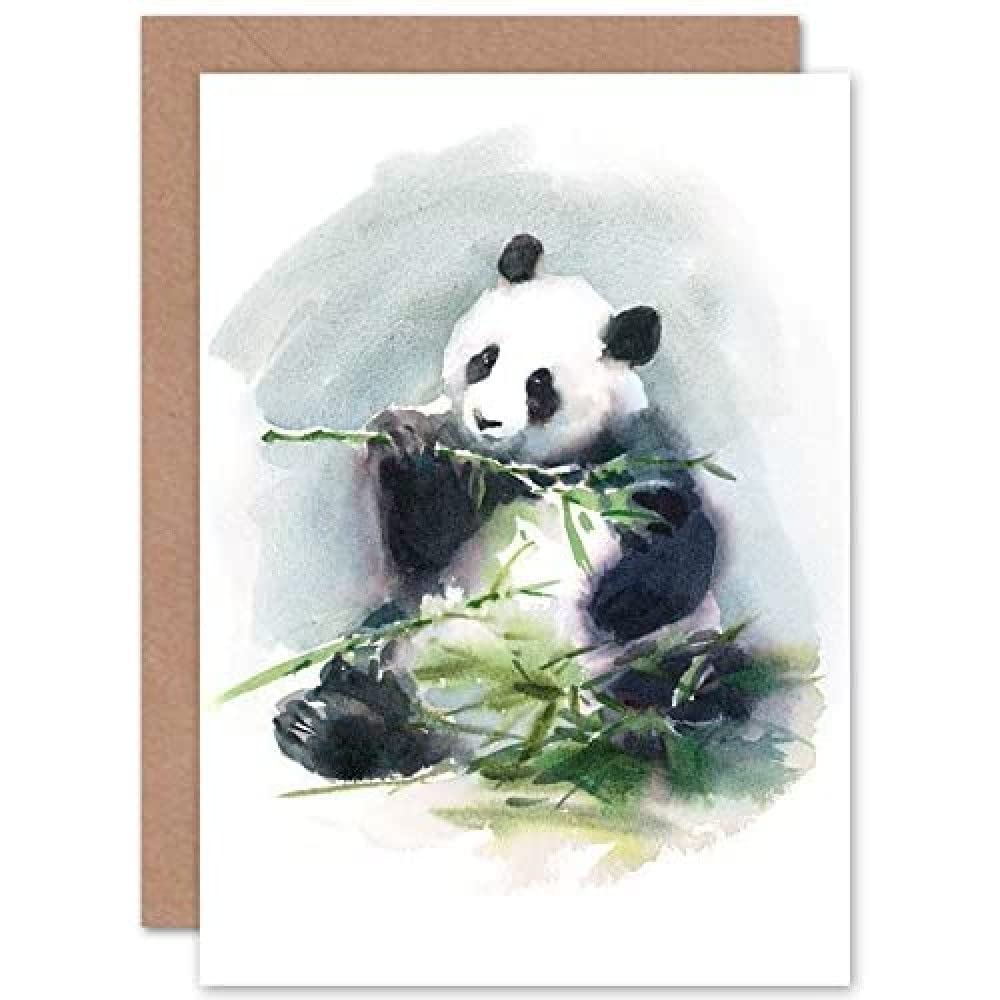 Wee Blue Coo Panda Eating Watercolour Greeting Card With Envelope Inside Premium Quality