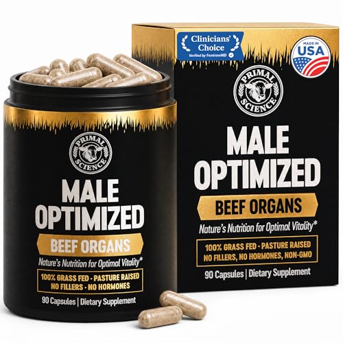 Primal Science Beef Organ Supplement for Men 100% Grass Fed Beef Testicle Prostate Liver & Bone Matrix High Absorption with Black Pepper Non-GMO Hormone Free Made in USA 90 Capsules
