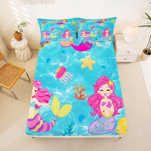 Image of jejeloiu Mermaid Bed Sheets Sets Full Size Kids Boys Girls Tropical Ocean Bedding Set Blue Pink Bed Sheet Set with 16-Inch Deep Pockets Mermaid Tail 4Pcs with 2 Pillow Cases
