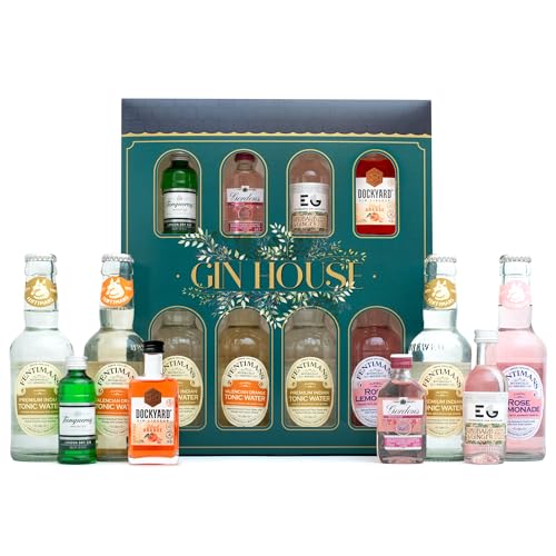 Flavoured Gin Gift Set - Premium 4x5cl Gordons Pink, Edinburgh Rhubarb and Ginger, Tanqueray, Dockyard Orange, 4x125ml Fentimans Tonic Cocktail Mixers - Gin Gifts for Women, Men, Birthday, Christmas