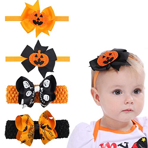 4 Pack Halloween Headband Pumpkin Bowknot Elastic Hair Fits for Baby Toddler Girls Newborn and Infant
