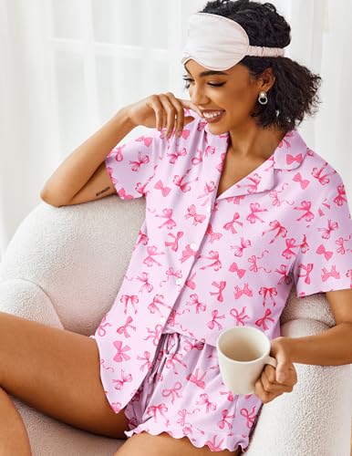 Image of Ekouaer Pajamas Set for Women Short Sleeve Sleepwear Button Down Pjs Lounge Sets Soft Nightwear