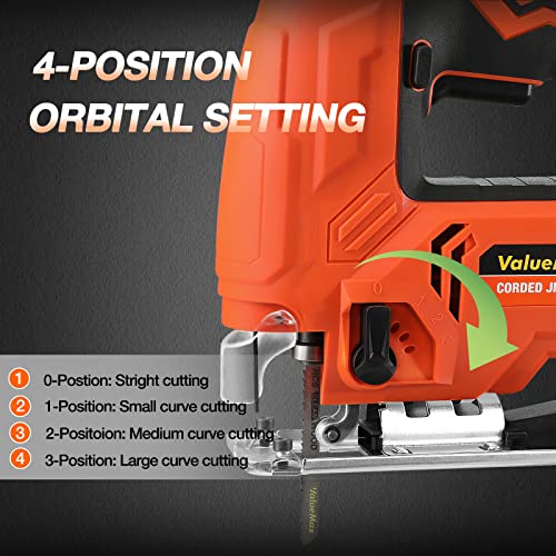 Valuemax Jig Saw, 5.0Amp Corded Electric Jigsaw With 6 Variable Speeds, 4-Position Orbital Setting, ±45° Bevel, Dust Blower And 6Pc Blades, Jigsaw Tool Kit For Wood, Metal And Plastic Cutting #TOP6