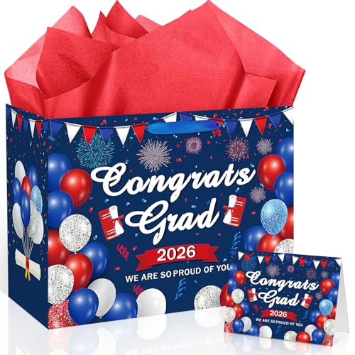 Woosytoo Congrats Grad Gift Bag 2026, Red White Blue Graduation Party Decorations Large 2026 Graduation Gift Bag with Greeting Card and Tissue Paper Class of 2026 Graduation Party Supplies