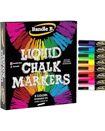 Bandle B. Chalk Markers - 8 Vibrant, Erasable, Non-Toxic, Water-Based, Reversible Tips. For Glass or Chalkboard Markers for Businesses, Restaurants, Liquid Drawing Chalk (Vibrant 6mm)
